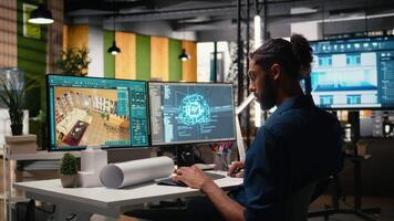 Real estate developer works with artificial intelligence and interior design software, deep learning and neural network algorithms for urban planning. Site preparation in office. Camera A. video