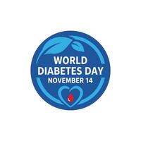 mundo diabetes día azul emblema con hojas y sangre soltar vector