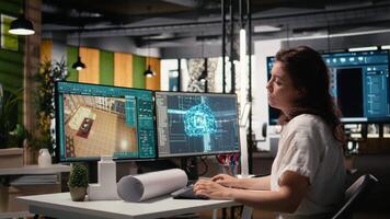 verklig egendom utvecklare användningar Avancerad ai och neuralt nätverk teknologi för interiör design och byggnad layout, strukturell analys och webbplats förberedelse. innovation och djup inlärning. kamera a. video