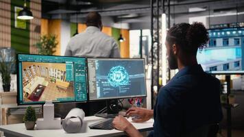 Mitte östlichen Kerl Verwendet künstlich Intelligenz neural Netzwerke zum städtisch Sanierung Projekt, groß Daten und fortgeschritten Analytik Rationalisierung architektonisch Design. nachhaltig Gehäuse. Kamera a. video