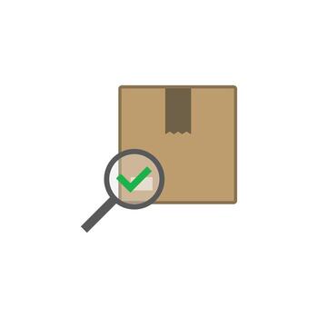 This illustration shows a magnifying glass validating a delivery package, symbolizing quality control and successful shipment inspection vector