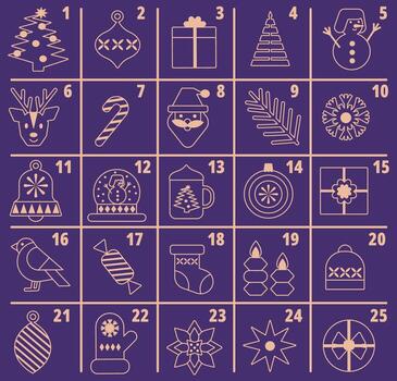 Christmas Advent calendar with 25 days of festive icons in a modern line art style. Holiday countdown from 1 to 25 with numbered grid cells. vector