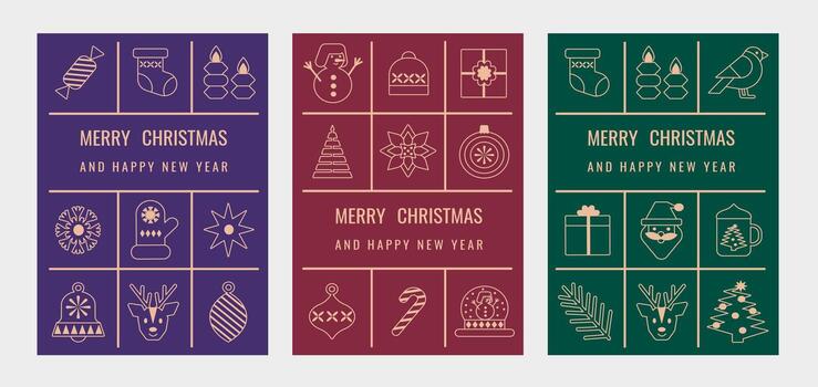 conjunto de Tres Navidad y nuevo año saludo tarjetas en un moderno línea Arte estilo. festivo fiesta íconos arreglado en un cuadrícula con central texto. vector