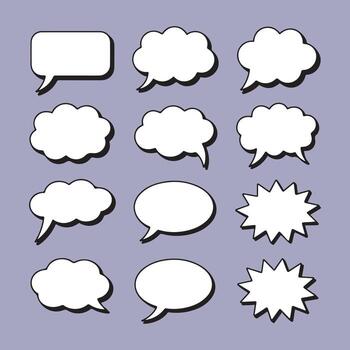 Speech and Thought Bubble Icon Set 12 White illustration Designs with Shadows on Purple Background for Comics, Storytelling, and UI Graphics vector