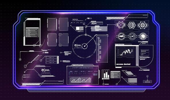A futuristic digital interface shows various data panels, graphs, and alerts. Access denied notifications suggest a vital security operation is in progress at a high-tech facility. vector