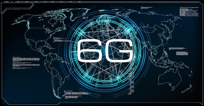 A digital map showcasing the concept of 6G technology with network connections highlighted around the globe. This design illustrates the future of high-speed communication. vector