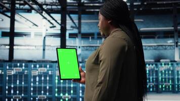 datos centrar especialista monitores datos centrar métrica en verde pantalla tableta a mejorar Operacional eficacia. servidor habitación trabajador usos analítica en croma llave dispositivo a predecir actuación, cámara un video