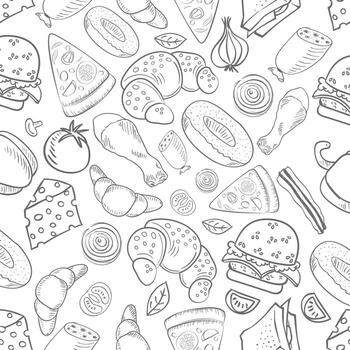 Seamless monochrome background pattern on the theme of food and fast food with the image of a hamburger, pizza, hot dog, drinks and donuts made on a white background vector