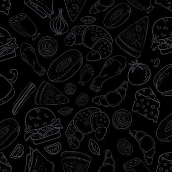Seamless monochrome gray background pattern on the theme of food and fast food with the image of a pizza, hot dog, drinks and donuts made on a black background vector