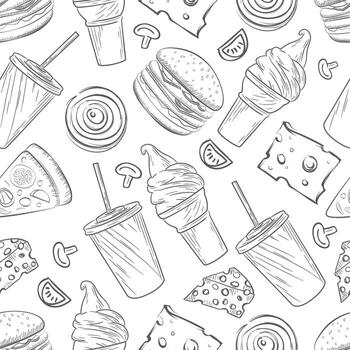 Seamless monochrome gray background pattern on the theme of food and fast food with the image of a pizza, hot dog, drinks and donuts made on a white background vector