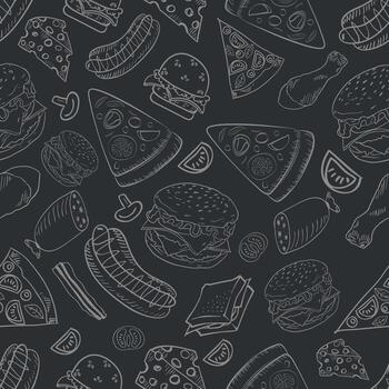 Seamless monochrome gray background pattern on the theme of food and fast food with the image of a pizza, hot dog, drinks and donuts made on a gray background vector