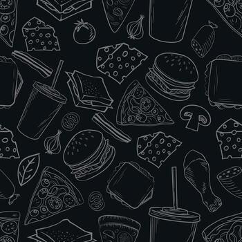 Seamless monochrome gray background pattern on the theme of food and fast food with the image of a hamburger, pizza, drinks and donuts made on a gray background vector