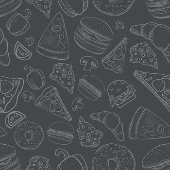 Seamless monochrome gray background pattern on the theme of food and fast food with the image of a hamburger, pizza, hot dog, drinks and donuts made on a gray background vector