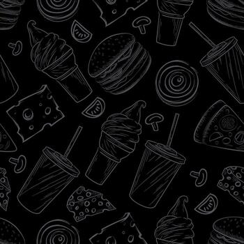 Seamless monochrome gray background pattern on the theme of food and fast food with the image of a hamburger, pizza, hot dog, drinks and donuts made on a black background vector