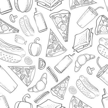 Seamless monochrome gray pattern on the theme of food and fast food with the image of a hamburger, pizza, hot dog, drinks and donuts made on a white background vector