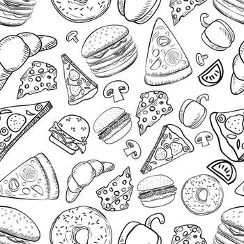 Seamless monochrome gray background pattern on the theme of food and fast food with the image of a hamburger, pizza, hot dog, drinks and donuts made on a white background vector