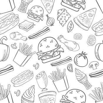 Seamless gray background pattern on the theme of food and fast food with the image of a hamburger, pizza, hot dog, drinks and donuts made on a white background vector