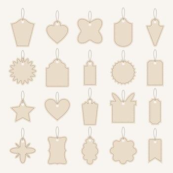 Set of neutral beige label tags with stitched border and taupe string. Minimal design collection for packaging, branding, gift wrapping, and product decoration. Elegant and modern template. vector