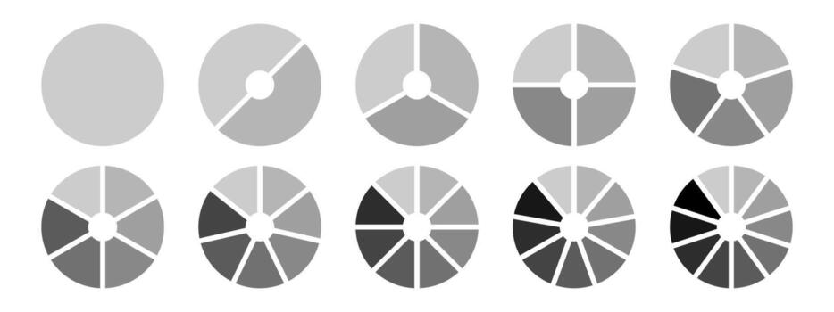 Set of grayscale circular charts and diagrams. Minimal geometric infographics elements for business, analytics, or presentation design. vector