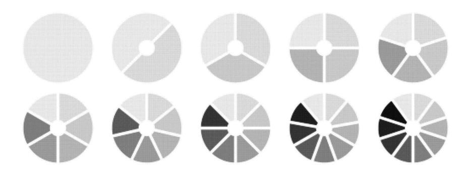 Set of circular halftone charts in monochrome style. Minimal stipple design for infographic, business, or analytic visualization. vector