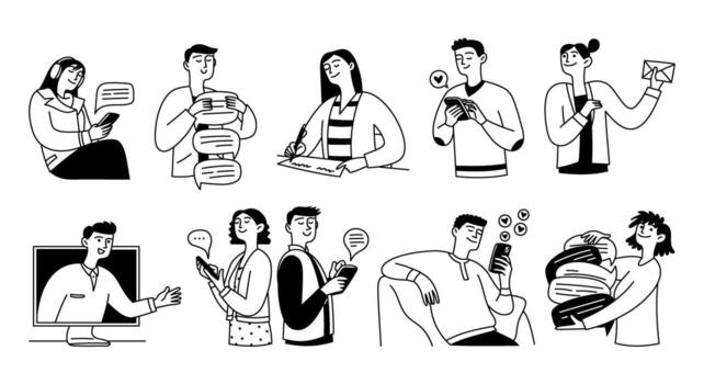 A set of doodles of people active in various forms of online and offline communication, including social media, chat, apps and services, and conversations. illustration vector