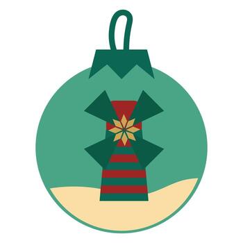 illustration of a Christmas tree toy in the form of a ball with a picture of a windmill on a white isolated background in a flat retro style. Christmas decorations. vector