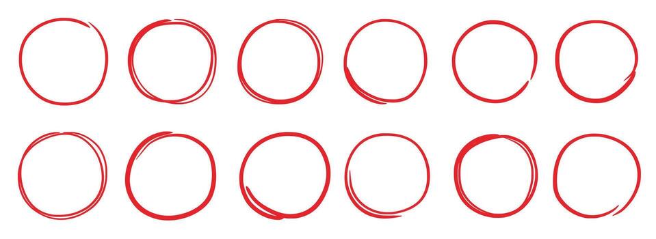 Hand drawn red marker round frame.s Hand drawn marker stroke style doodle red circle frame. Scribble round frame for check, text highlight. Grunge scratch style set. vector