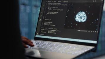 Close up of computer scientist working in data center to optimize network infrastructure. Server farm worker using AI technology to diagnose and resolve hardware malfunctions video