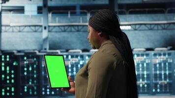 datos centrar especialista monitores datos centrar métrica en verde pantalla tableta a mejorar Operacional eficacia. servidor habitación trabajador usos analítica en croma llave dispositivo a predecir actuación, cámara si video