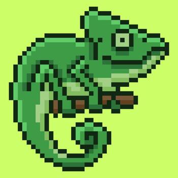 Chameleon icon designed in a classic retro pixel art style. This 8-bit illustration of the unique reptile features its characteristic curly tail and expressive eye vector