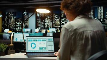 kvinna finansiera rådgivare recensioner handel konton och arkiveras data för framtida rapporter, använder sig av digital grafer till planen Resurser tilldelning och justera företag mål med finansiell Framgång. kamera a. video