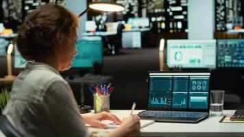 kvinna bokföring specialist recensioner arkiveras rapporter data för framtida strategi, använder sig av digital diagram till planen Resurser tilldelning och justera företag mål med finansiell utveckling. kamera b. video