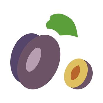 Two plums appear in minimal line design, showcasing smooth curves and rich colors. A small plum is positioned beside a larger one, highlighting their distinct shapes and a green leaf accent. vector
