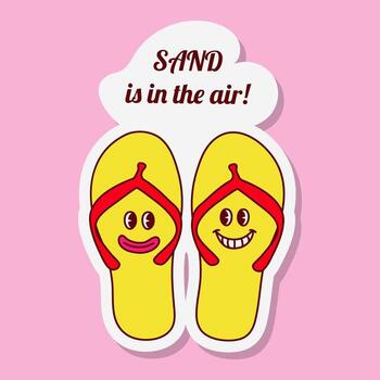 dos amarillo dar la vuelta fracasos con rojo correas son desplegado. cada sandalia tiene un dibujos animados rostro, y encima ellos es un blanco nube forma con el texto arena es en el aire. vector