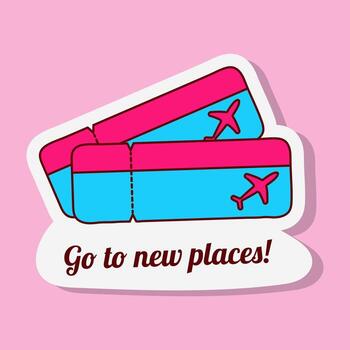 Two colourful travel tickets are stacked on top of each other. The tickets have airplane details and the text Go to new places is below. vector
