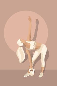 A woman exercises with a kettlebell in a minimalist studio, showcasing flexibility and strength in a stylish and faceless design. vector