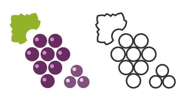 Two distinct line icons representing grapes are displayed, showcasing a green bunch and a purple bunch. The designs are minimalistic, highlighting the fruit shape and texture. vector