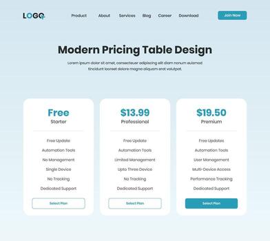 Clean Subscription Pricing Plan Table Design for Websites vector