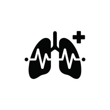 Black and white icon of lungs with ECG line and cross for health monitoring vector