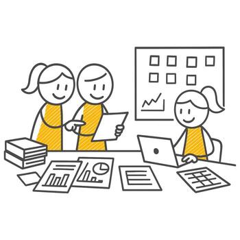 Productive Collaboration A Digital Illustration Showing Teamwork of Two Colleagues Working Over a Laptop and Documents in an Office Environment. vector