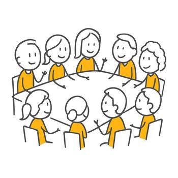 A Dynamic Meeting of a Nine-Person Group Exchanging Ideas Around a Round Table. vector