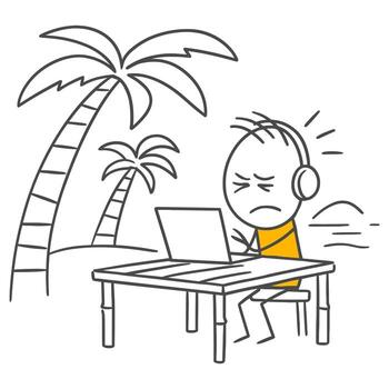 Intense Work Stress Under Palm Trees Showing the Difficulties of Remote Working. vector