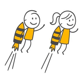 The Gentleman and Lady Figures Soaring to the Sky with Jet Engines Represent Accelerating Towards Success and Reaching Common Goals. vector