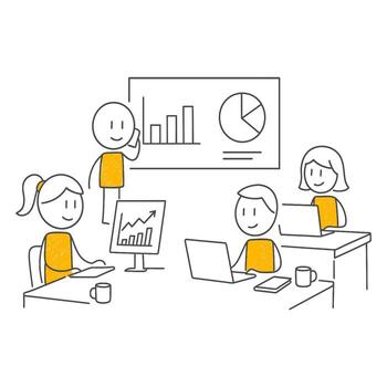 A Productive Meeting Reflecting the Dynamic Energy of Group Work, Combining Digital and In-Person Communication. vector