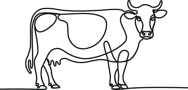 Cows on pasture in One continuous line drawing. Milk calf animal grazing symbol and beef meat farm concept in simple linear style. Editable stroke. vector
