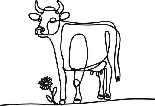 Cows on pasture in One continuous line drawing. Milk calf animal grazing symbol and beef meat farm concept in simple linear style. Editable stroke. Doodle art vector