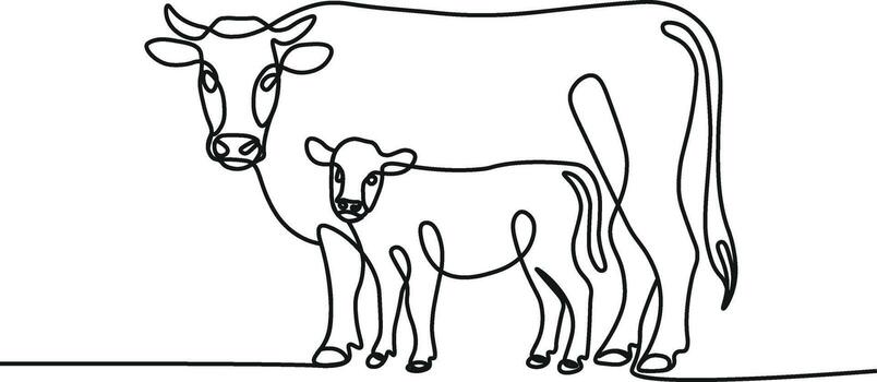un minimalista uno línea dibujo de un madre vaca mirando a su becerro, el becerro en pie junto a el vaca, continuo línea Arte estilo, negro líneas en blanco fondo, sencillo y elegante, vector