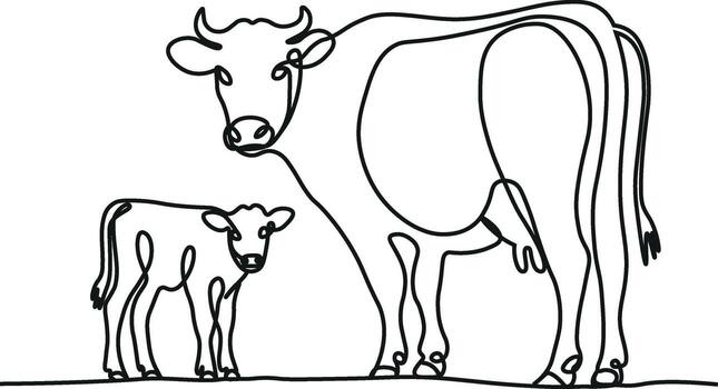 A minimalistic one line drawing of a mother cow looking at her calf, the calf standing beside the cow, continuous line art style, black lines on white background, simple and elegant vector
