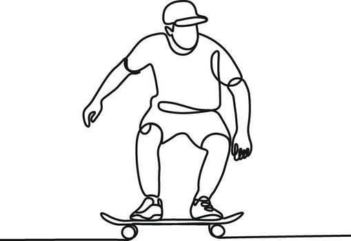 One single line drawing of young skateboarder man exercise riding skateboard, Man playing skateboard continuous one line drawing. Skateboard player single line art vector