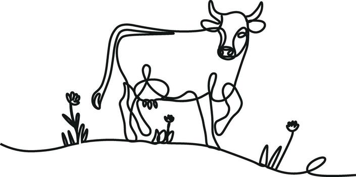 Cows on pasture in One continuous line drawing. Milk calf animal grazing symbol and beef meat farm concept in simple linear style. Editable stroke. Doodle design vector